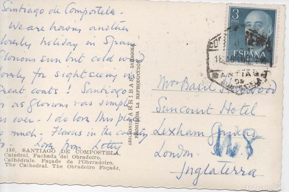 Sellos: POSTAL SANTIAGO DE COMPOSTELA CORU&Ntilde;A A LONDON MAT HEXAGONAL CORREO AEREO 1960