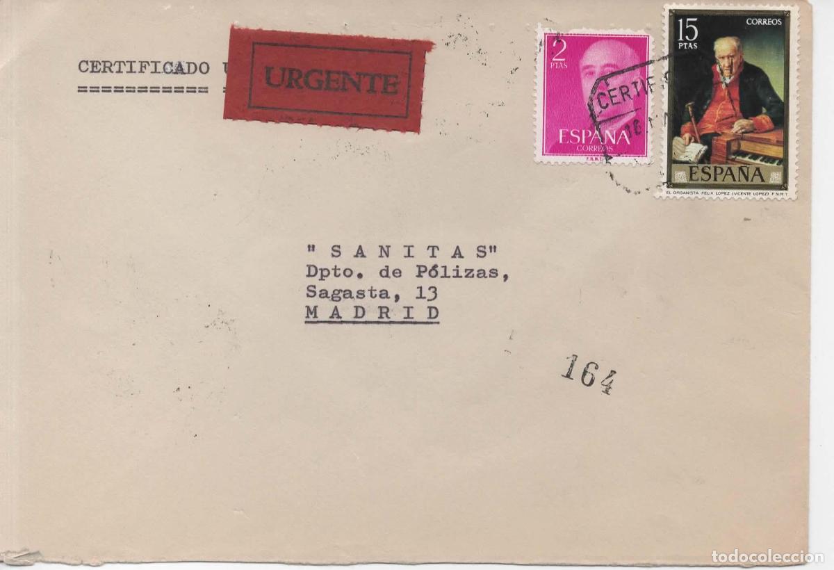 Sellos: MADRID CC CORREO INTERIOR CERTIFICADO URGENTE 1974 PINTURA VICENTE LOPEZ ORGANISTA MUSICA