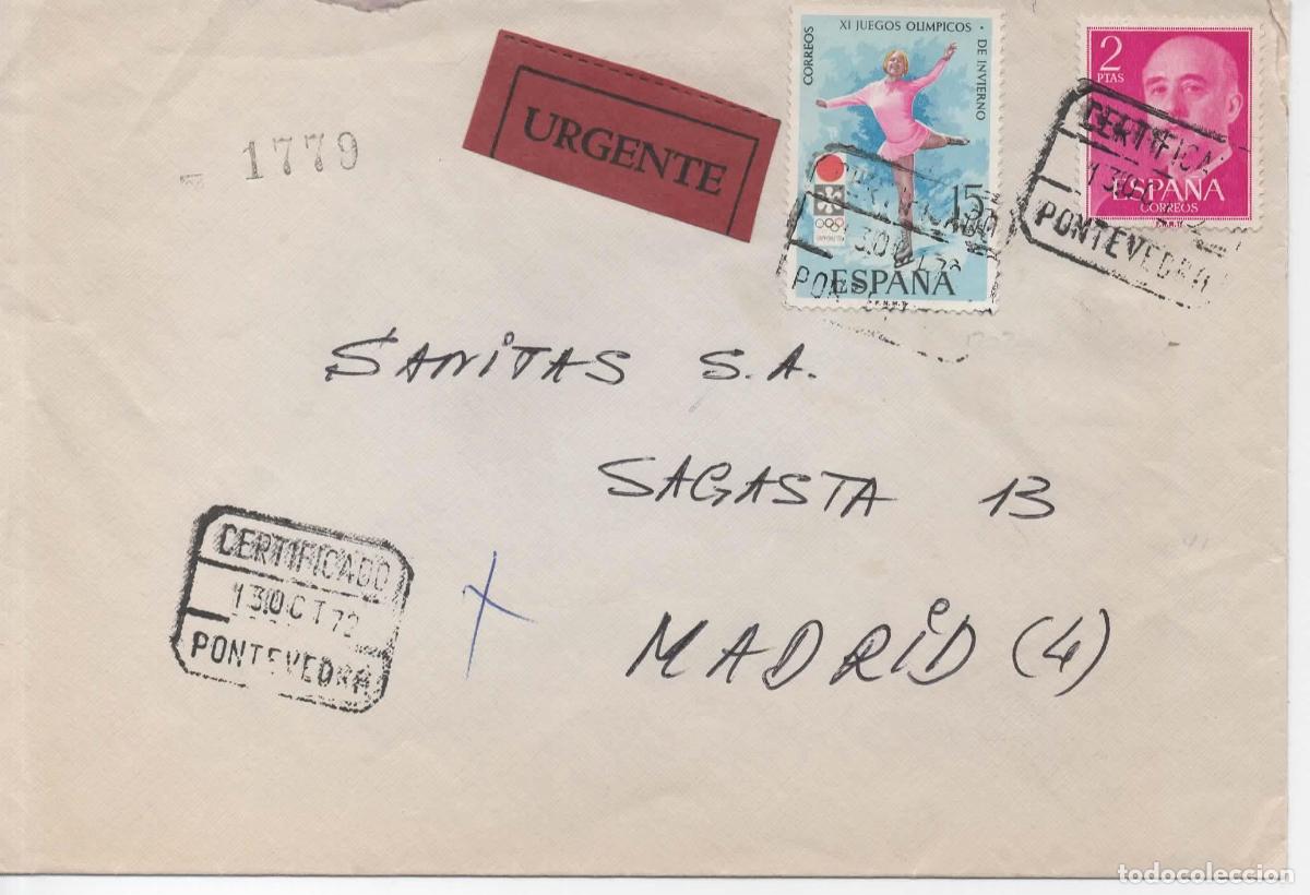 Sellos: PONTEVEDRA A MADRID CERTIFICADO URGENTE 1972 PATINAJE HIELO ICE SKATING SAPPORO