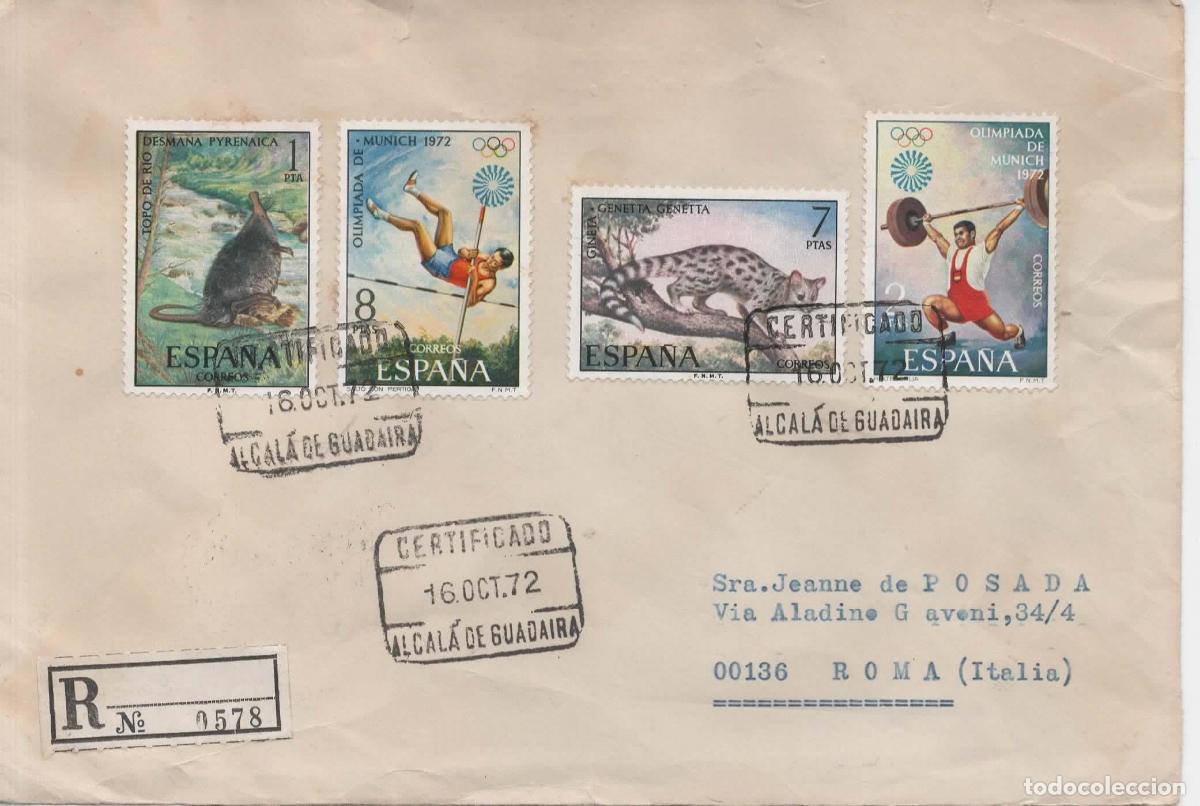 Sellos: ALCALA DE GUADAIRA SEVILLA A ROMA CERTIFICADA 1972 SELLOS FAUNA JUEGOS OLIMPICOS MUNICH GINETA HALTE