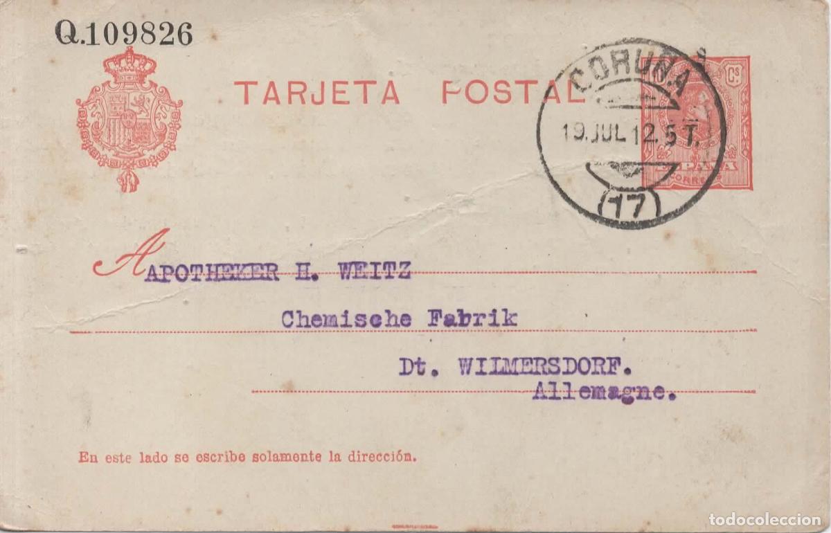 Sellos: CORU&Ntilde;A A ALEMANIA ENTERO POSTAL ALFONSO XIII 1912