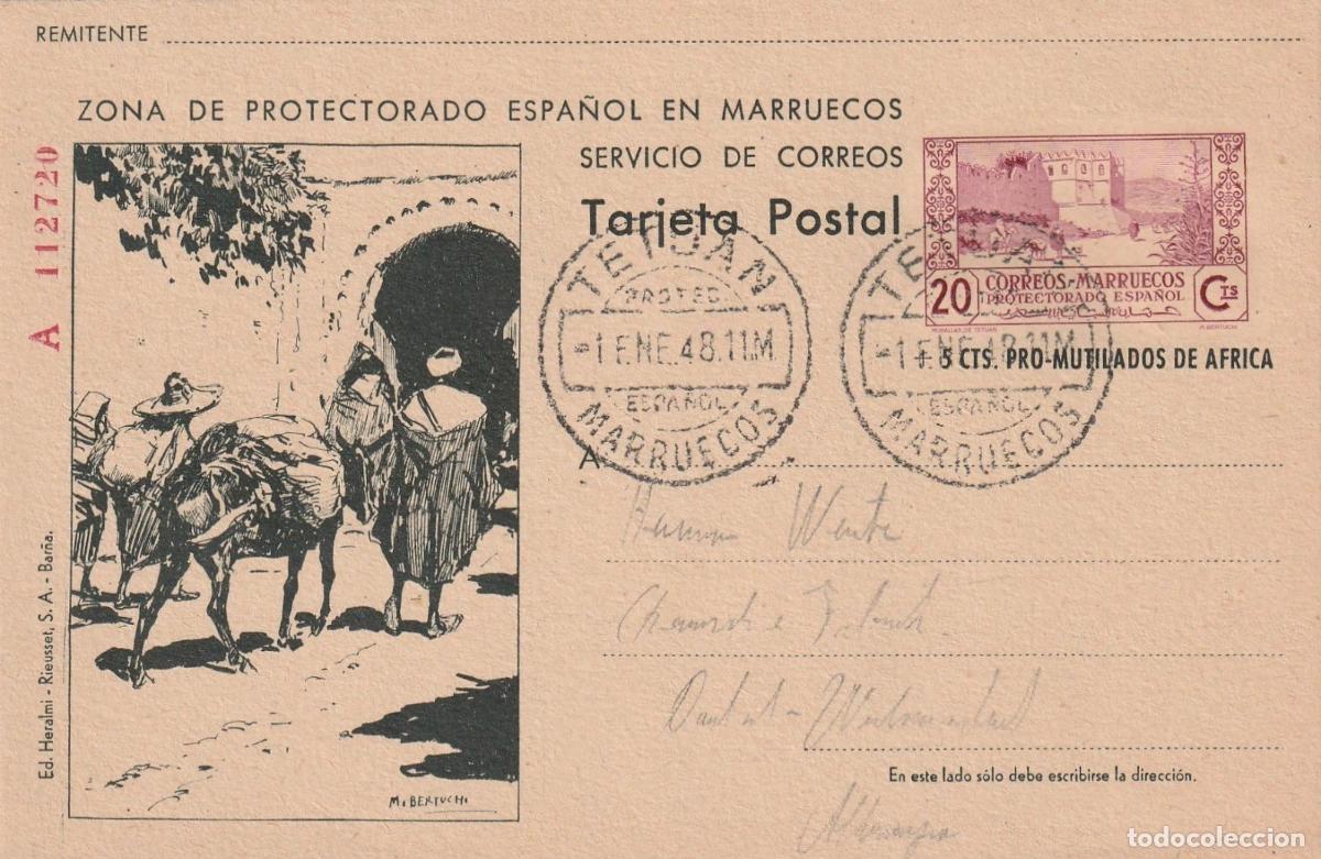 Sellos: MARRUECOS ESPA&Ntilde;OL MAT TETUAN 1948 ENTER0 POSTAL BURRO DONKEY ASNO ANIMAL