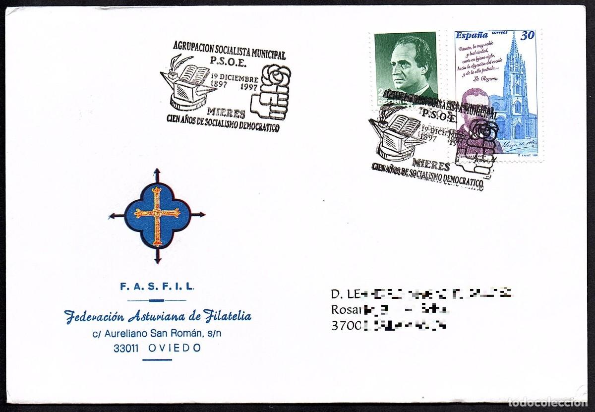 Sellos: SOBRE CIRCULADO CON MATASELLOS CONMEMORATIVO 100 A&Ntilde;OS P.S.O.E. MIERES
