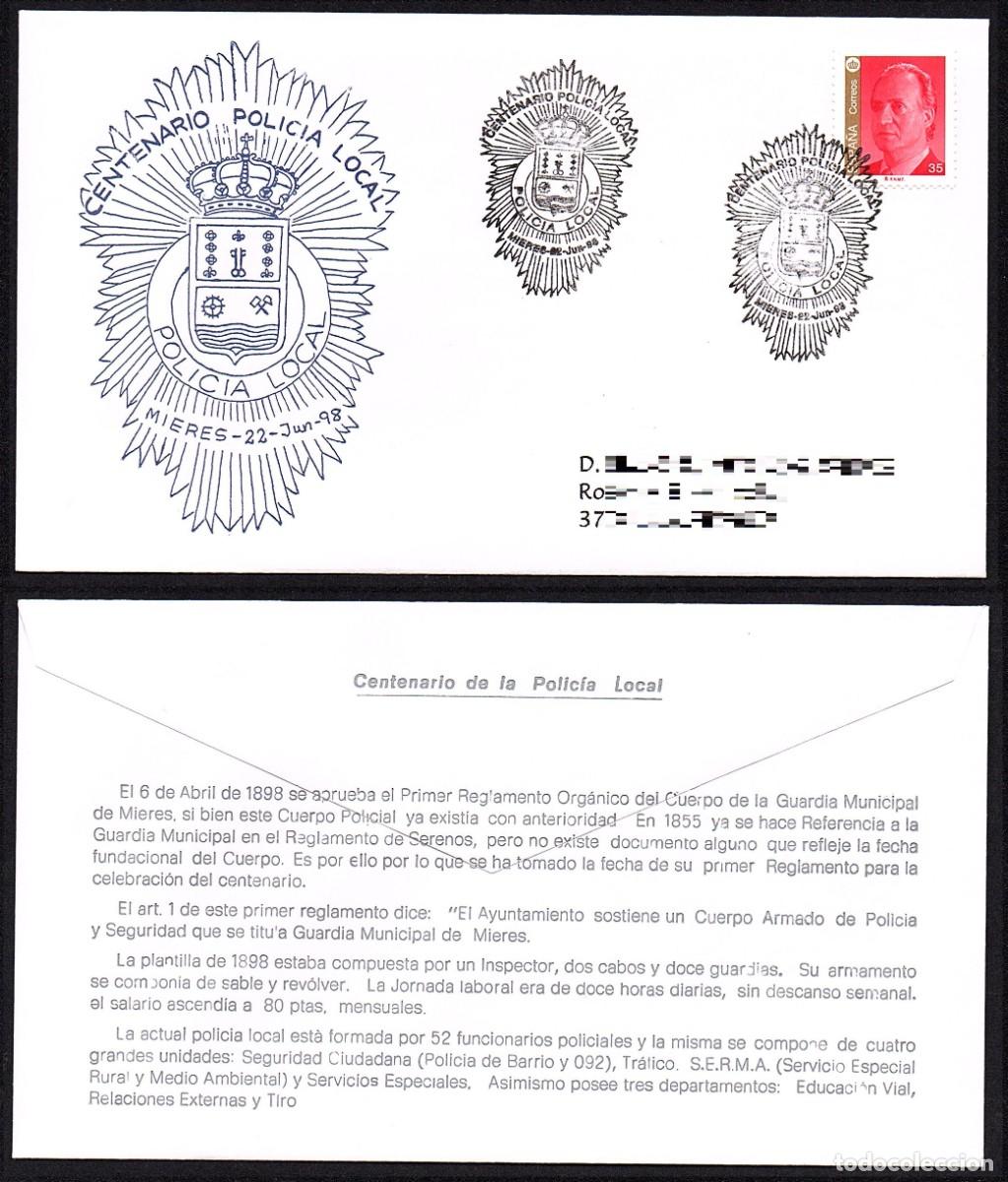 Sellos: SOBRE CIRCULADO CONMEMORATIVO CENT. POLICIA LOCAL DE MIERES 1998.