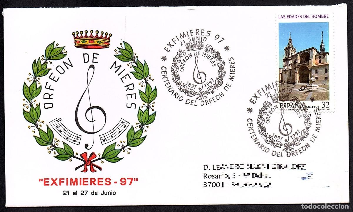 Selos: SOBRE CIRCULADO CONMEMORATIVO EXFIMIERES - 97. MATASELLOS CENTENARIO ORFEON DE MIERES