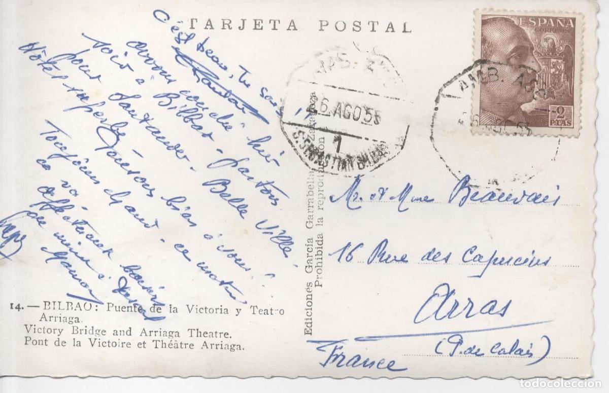 Sellos: TARJETA POSTAL BILBAO A FRANCIA 1955 MAT AMBULANTE ASC 1 SAN SEBASTIAN BILBAO