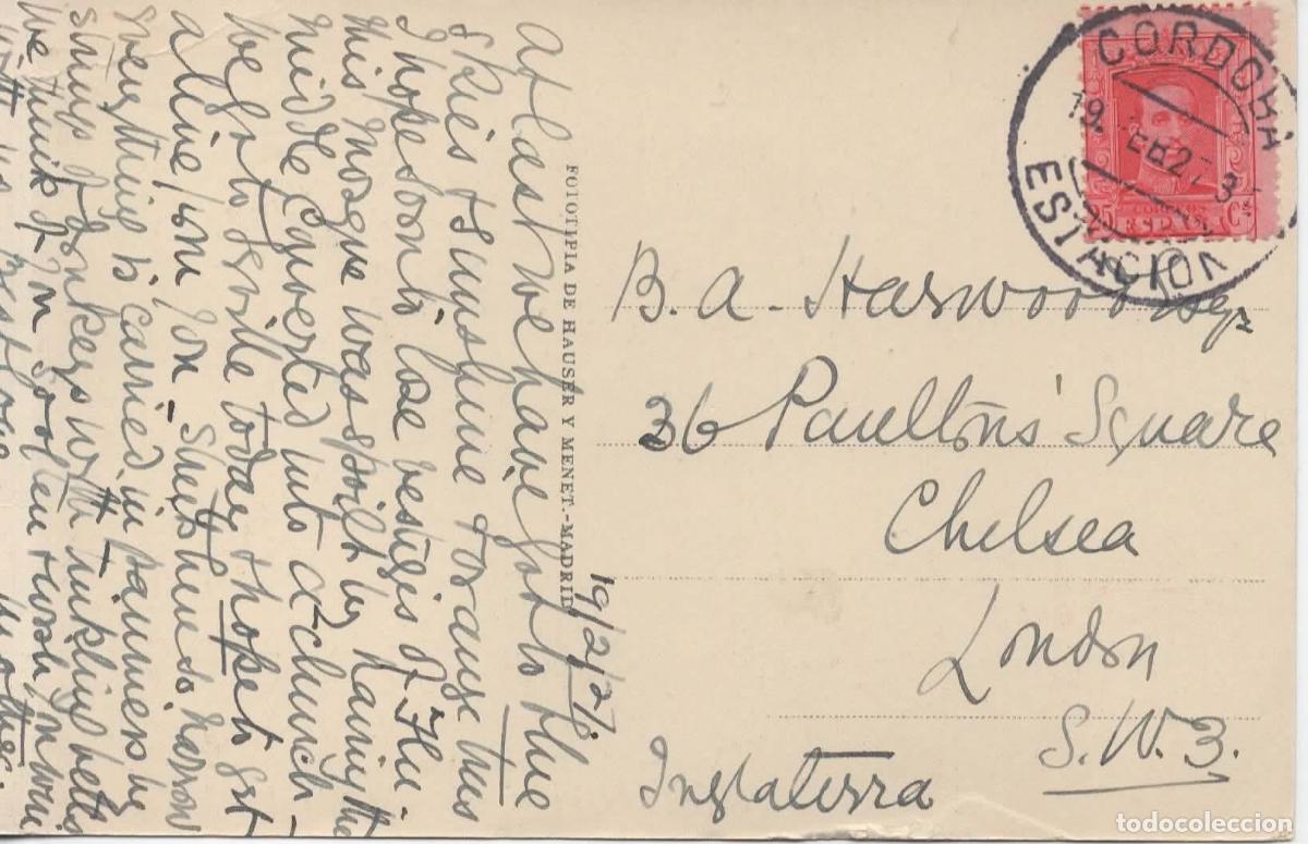Sellos: TARJETA POSTAL A LONDRES MAT CORDOBA ESTACION 1927 SOBRE SELLO ALFONSO XIII VAQUER
