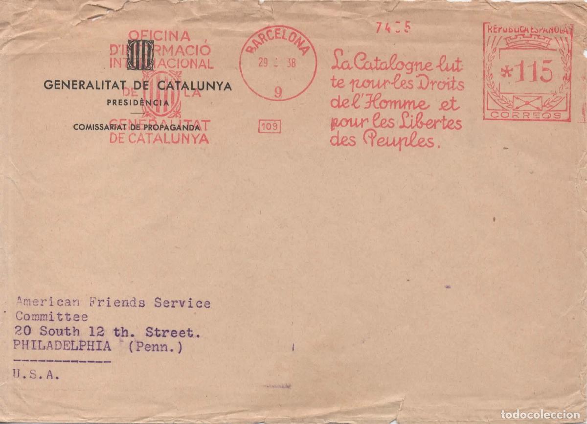 Sellos: GUERRA CIVIL A USA 1938 GENERALITAT DE CATALUNYA FRANQUEO MECANICO LUCHA POR LOS DERECHOS DEL HOMBRE