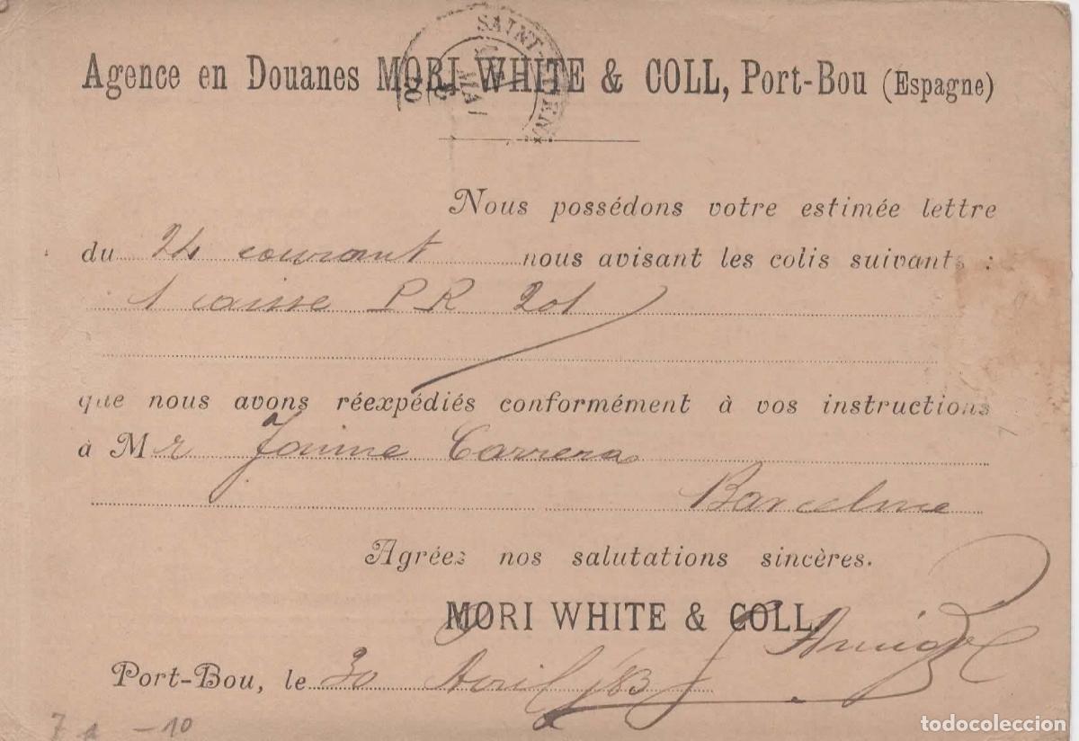 Sellos: ENTERO POSTAL ALFONSO XII CON PUBLICIDAD DE PORT BOU A ST ETIENNE 1883 MORI WHITE & COLL