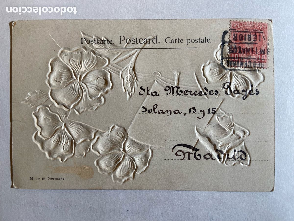Sellos: TARJETA POSTAL CIRCULADA 11-MAYO-1909. SELLO 10 CTS ALFONSO XIII CADETE. CON RELIEVE