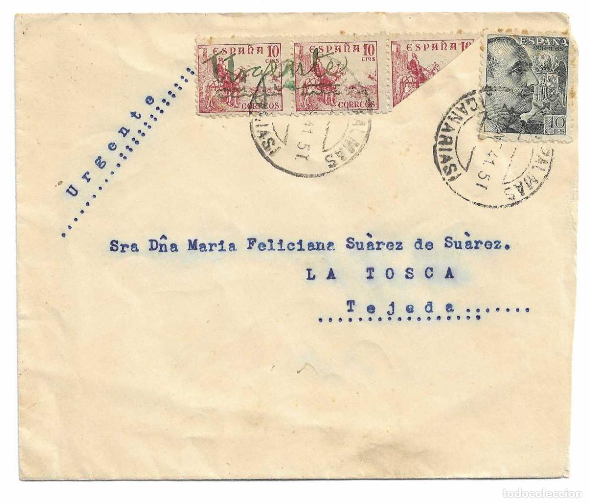 Sellos: RARO EL CID BISECTADO EN CARTA CORREO URGENTE CIRCULADA 1941 LAS PALMAS A TEJEDA (CANARIAS VER DORSO