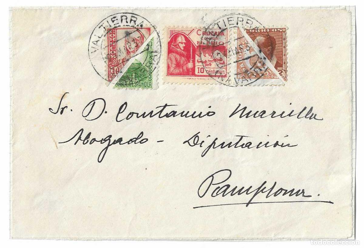 Sellos: RARO CUATRO SELLOS BISECTADOS DIFERENTES FRONTAL CARTA CIRCULADA 1937 SALVATIERRA (NAVARRA)-PAMPLONA