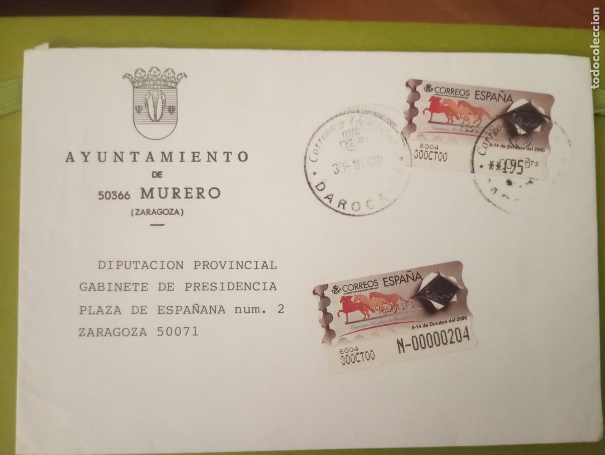 Sellos: ESPA&Ntilde;A 2000, CERTIFICADO DEL AYTO DE MURERO A LA DPZ, ETIQUETAS ATM, AL DORSO VISADO DE SEGURIDAD