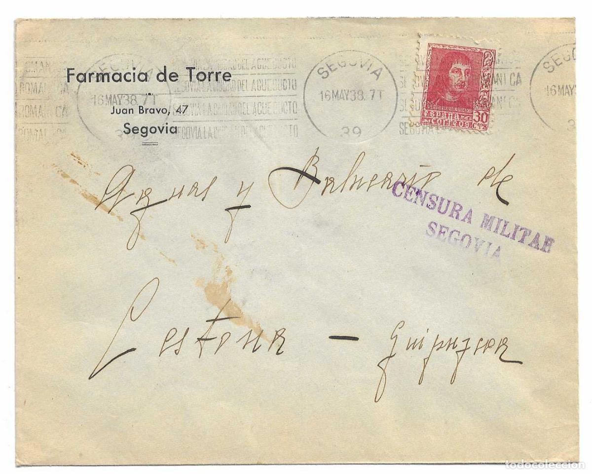 Sellos: RARO MATASELLOS RODILLO SEGOVIA CIUDAD DEL ACUEDUCTO CARTA FARMACIA TORRE CIRCULADA 1938 A CESTONA