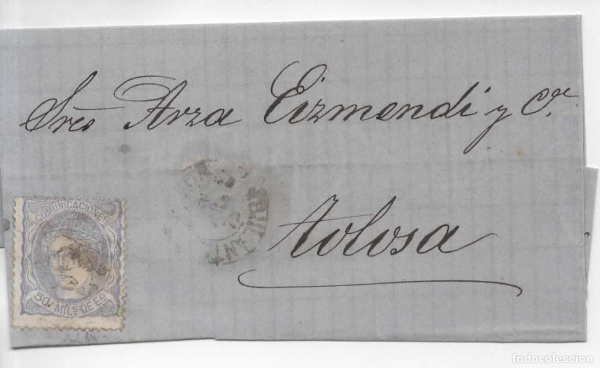 Sellos: ESPA&Ntilde;A 1872 ENVUELTA PASAJES A TOLOSA GUIPUZCOA