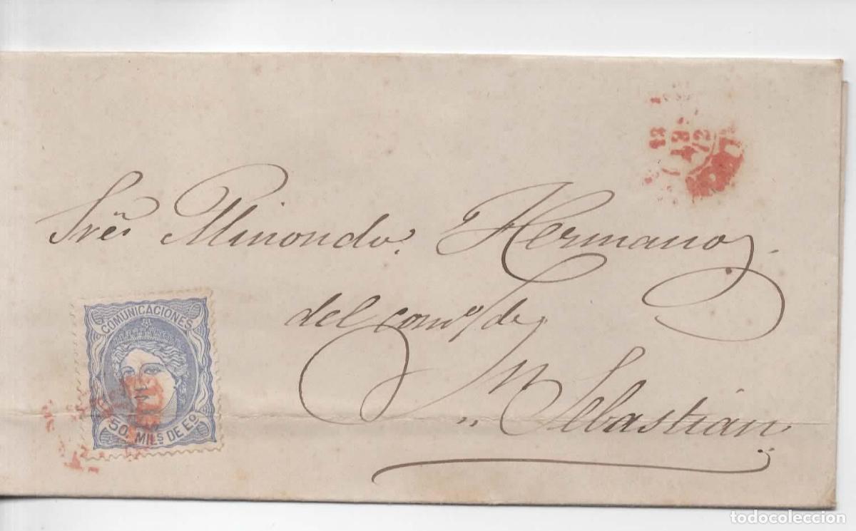 Sellos: ESPA&Ntilde;A 1872 ENVUELTA ZALDIVIA A SAN SEBASTIAN GUIPUZCOA