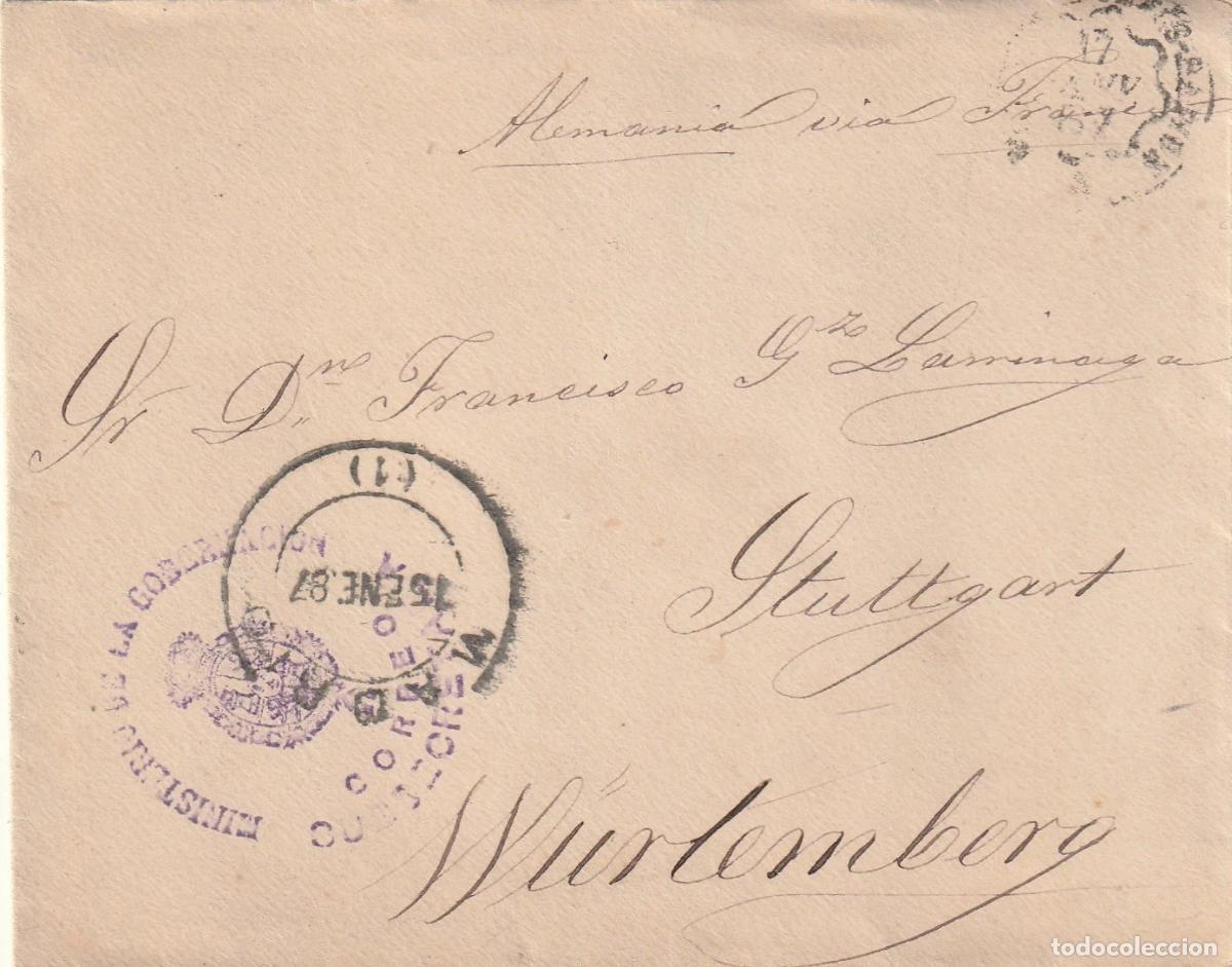 Sellos: MADRID A ALEMANIA 1887 SIN FRANQUEO MINIESTERIO DE LA GOBERNACION SUBSECRETARIA A STUTGART