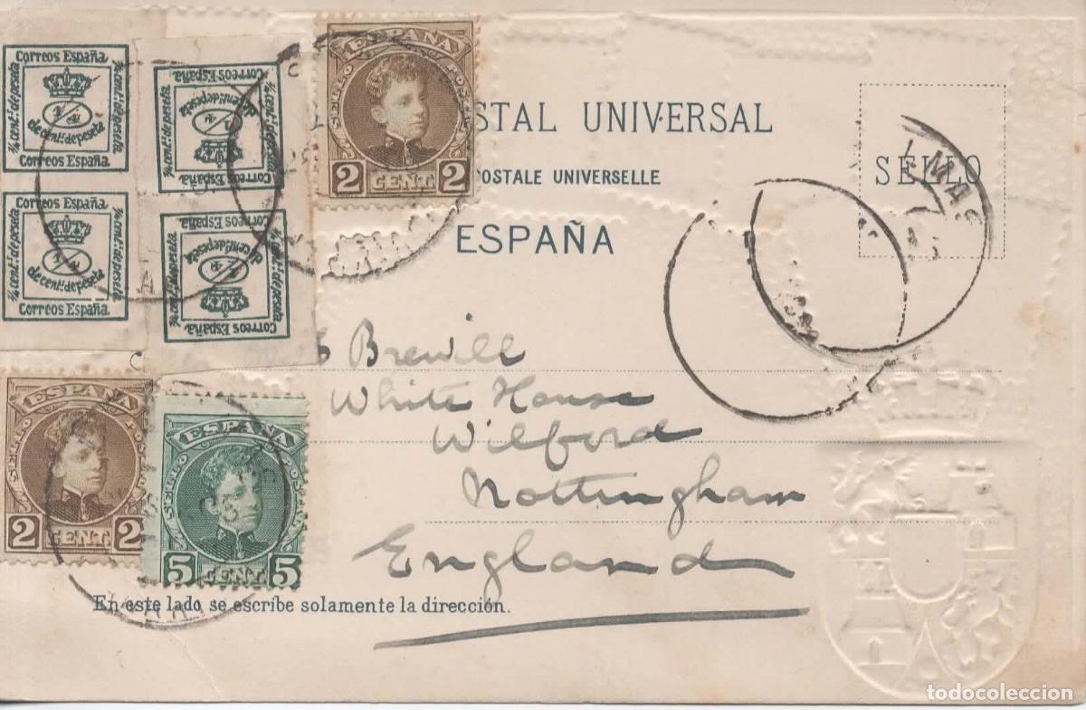 Sellos: TARJETA POSTAL SELLOS ALFONSO XIII CADETE LAS PALMAS A INGLATERRA FRANQUEO CUARTILLOS Y CADETE