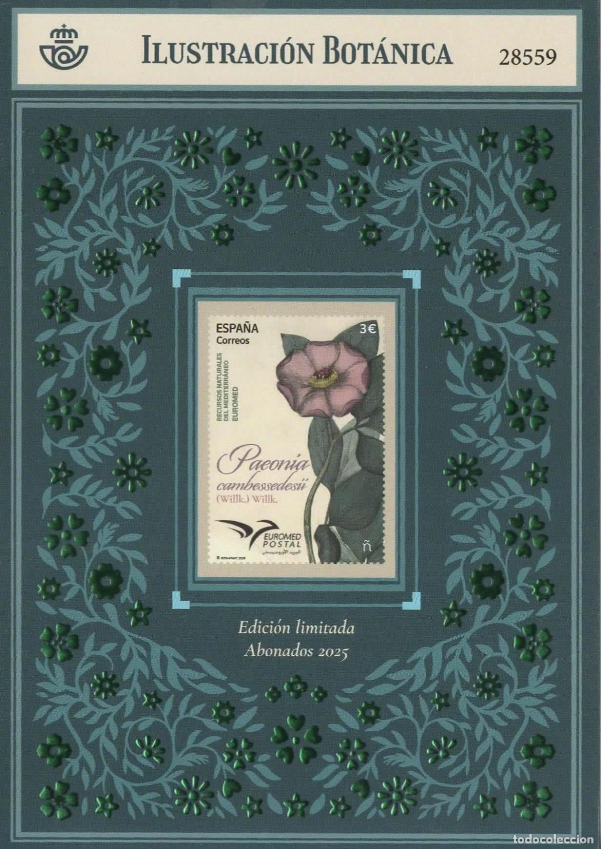Sellos: ESPA&Ntilde;A ILUSTRACION BOTANICA SIN DENTAR FLORA ABONADOS 2025 IMPREFORATE PAEONIA