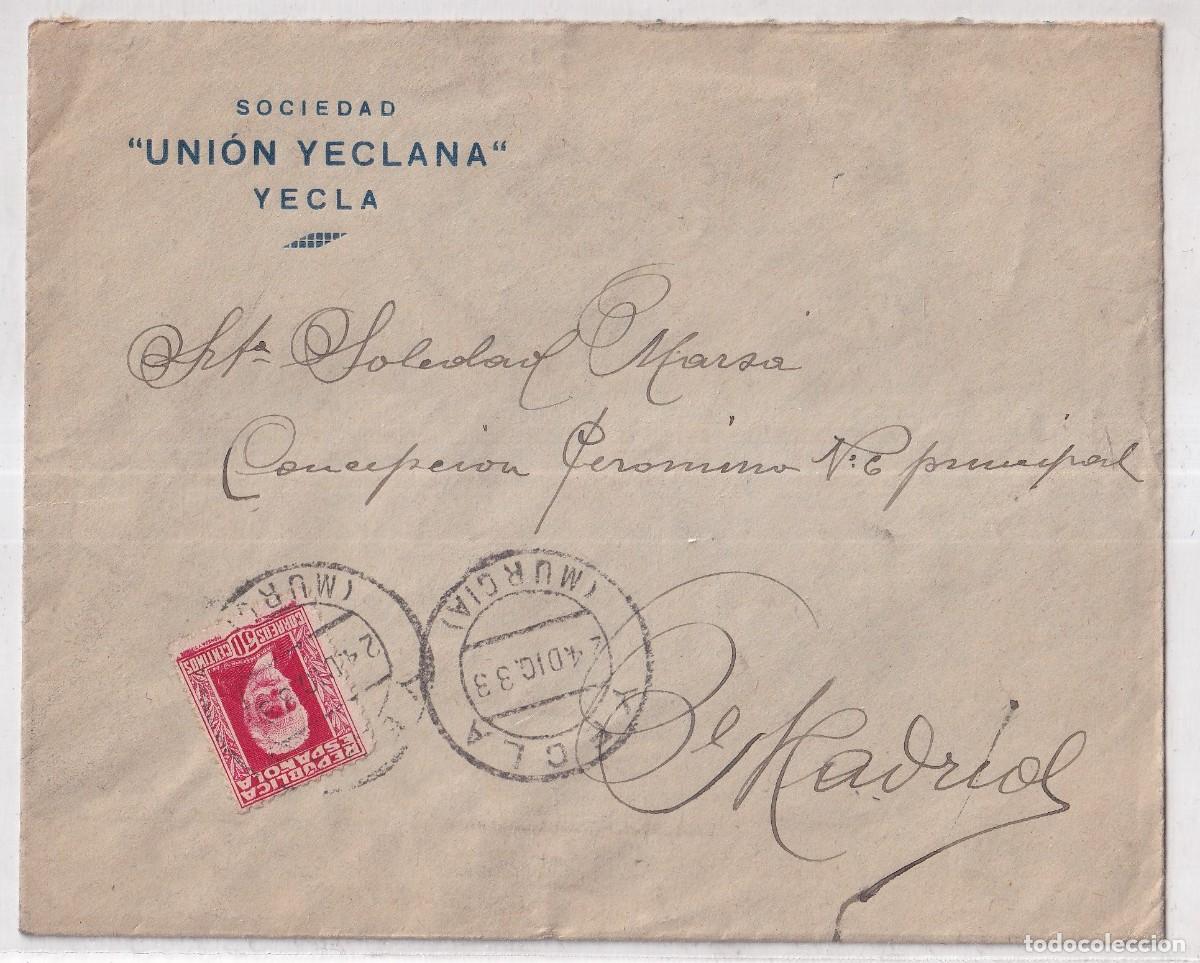 Briefmarken: Sobre Sociedad Uni&oacute;n Yeclana. Yecla Murcia. Circulado rep&uacute;blica.