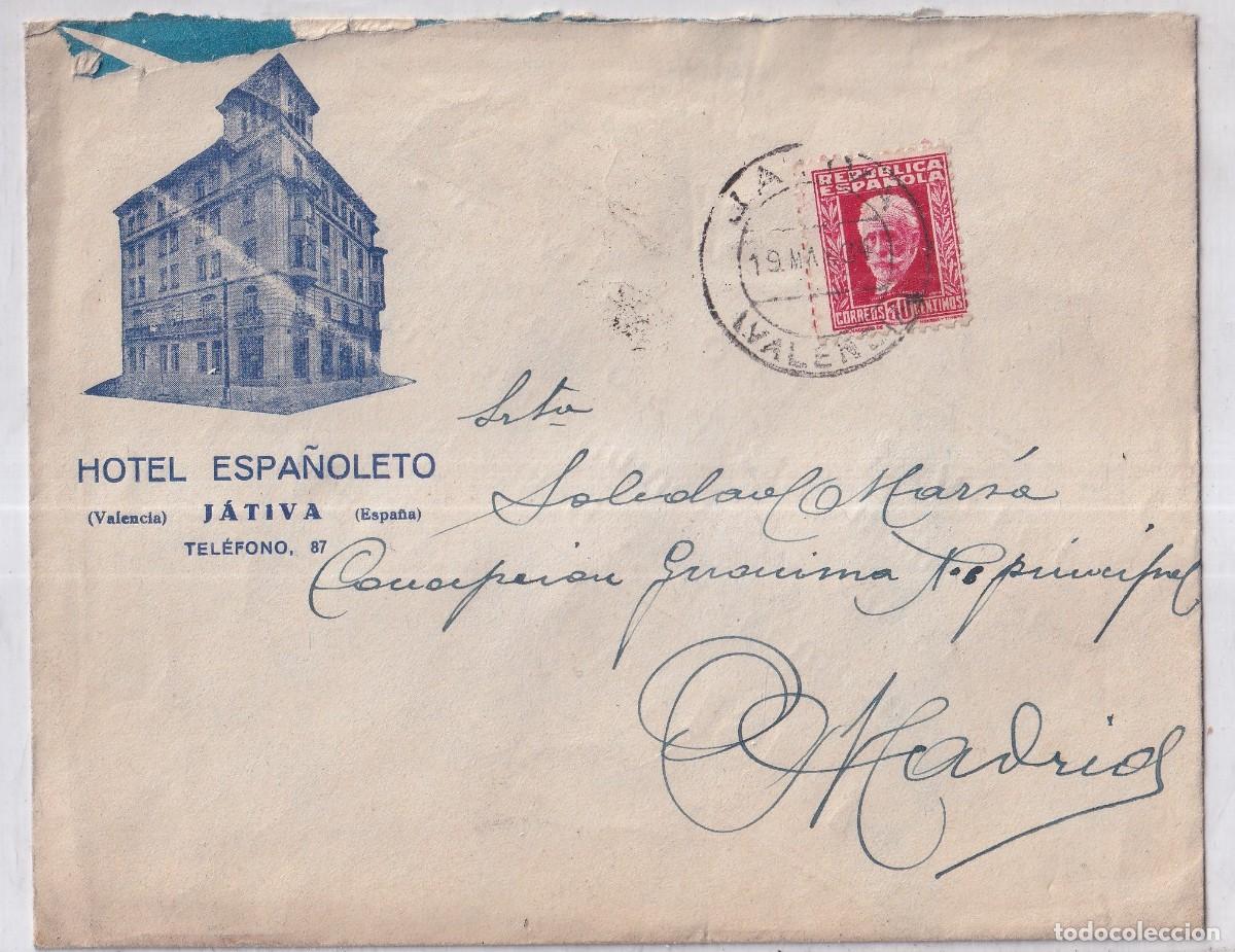 Briefmarken: Sobre Hotel Espa&ntilde;oleto. J&aacute;tiva. Valencia. Promoci&oacute;n turismo.