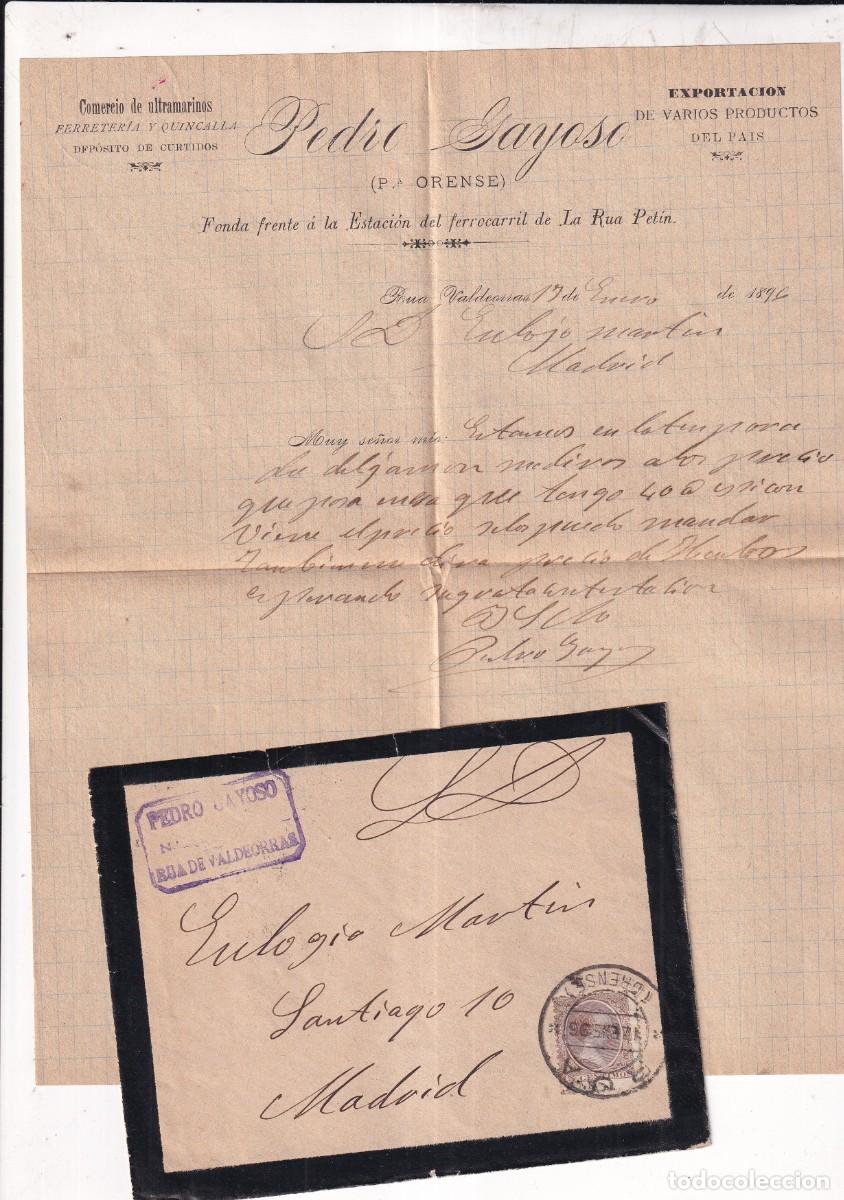 Briefmarken: Sobre circulado y carta comercial Pedro Gayoso. Orense. Rua de Valdeorras. 1896 firma propietario