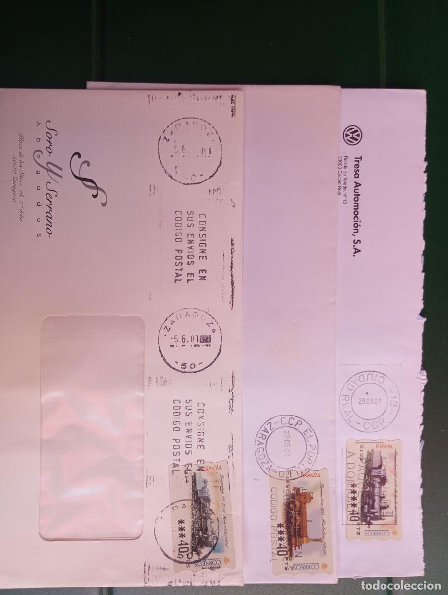 Sellos: ESPA&Ntilde;A, 2001, CONJUNTO DE SOBRES CON ETIQUETAS T&Eacute;RMICAS DE TRENES. MATASELLOS DE ZARAGOZA