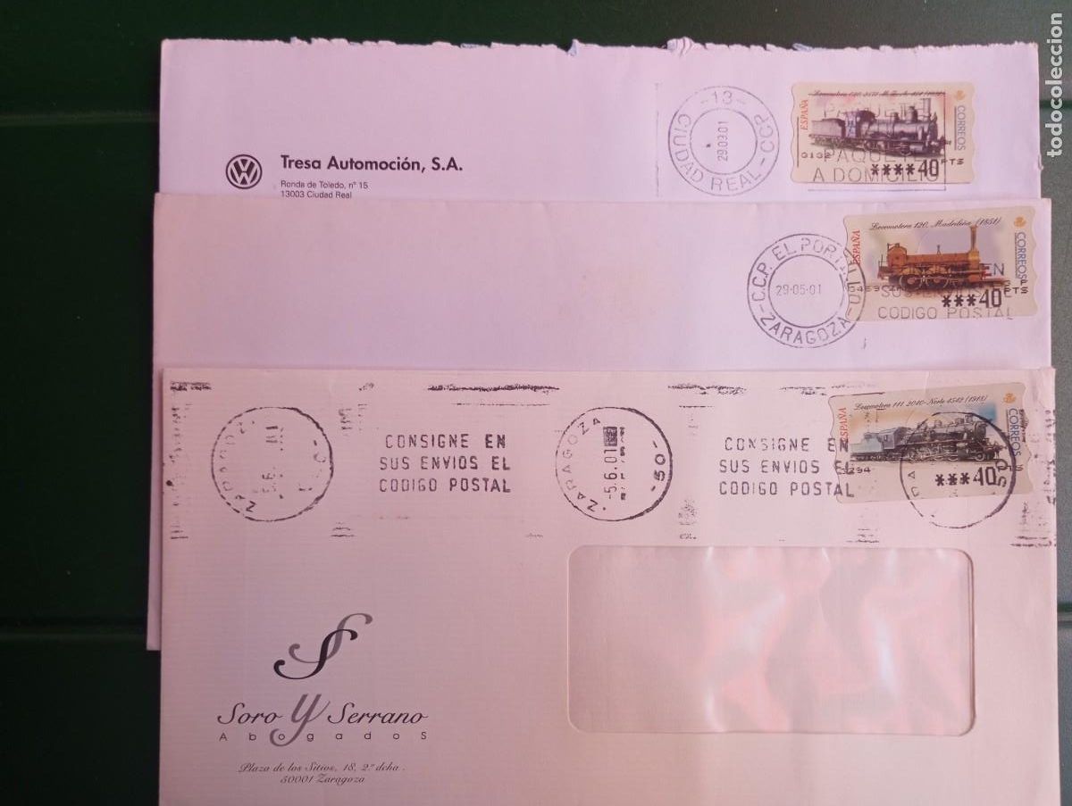 Stamps: ESPA&Ntilde;A, 2001, CONJUNTO DE SOBRES CON ETIQUETAS T&Eacute;RMICAS DE TRENES. MATASELLOS DE ZARAGOZA