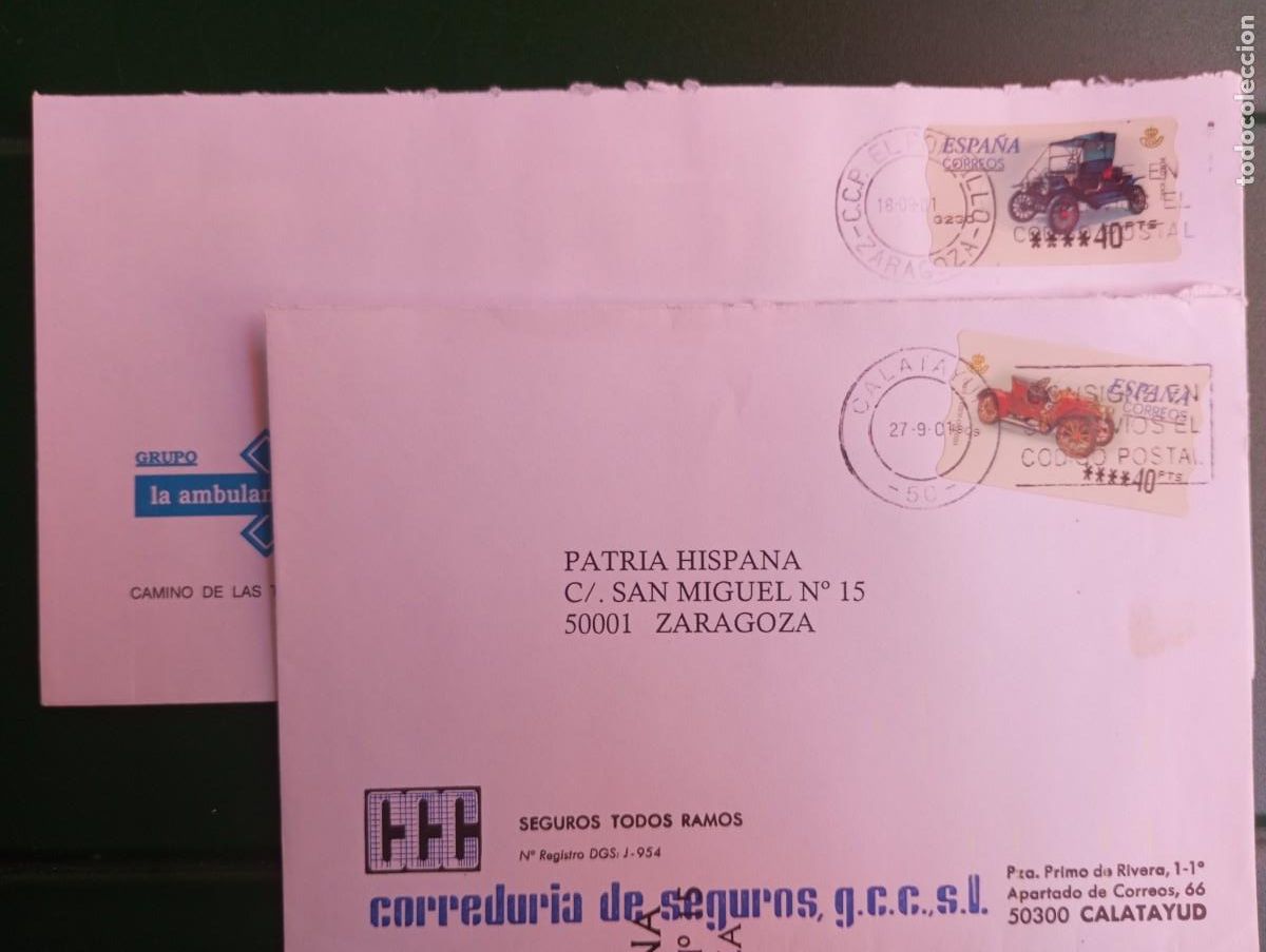 Sellos: ESPA&Ntilde;A, 2001, COMO JUNTO DE DOS SOBRES CIRCULADOS CON ETIQUETAS T&Eacute;RMICAS DE COCHES ANTIGUOS