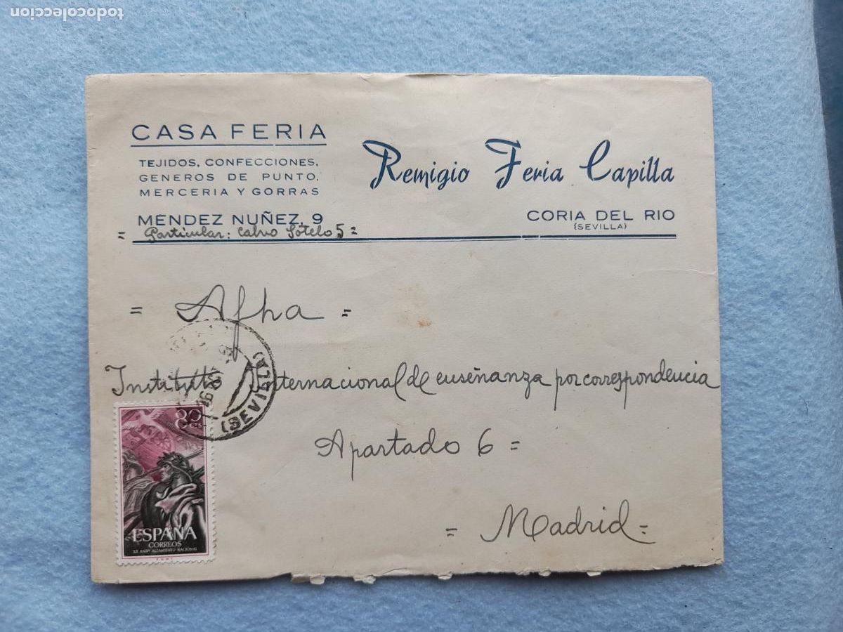 Sellos: Sobre circulado Casa Feria Tejidos y Confecciones. Coria del R&iacute;o. Sevilla.