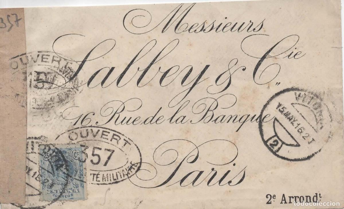 Sellos: VITORIA A PARIS 1916 ALFONSO XIII MEDALLON CON CENSURA MILITAR FRANCESA
