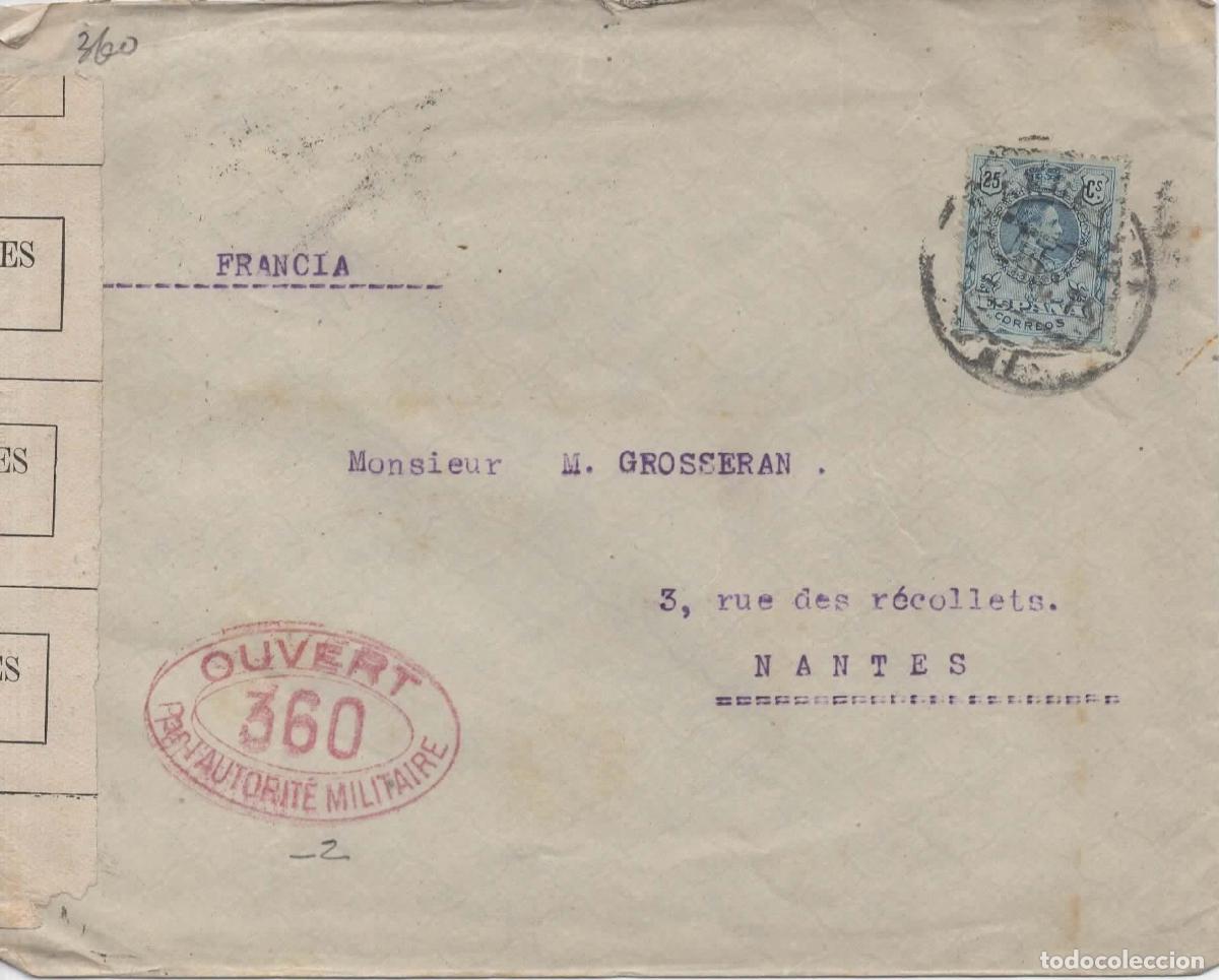 Sellos: BARCELONA A NANTES ALFONSO XIII MEDALLON CON CENSURA MILITAR FRANCESA EN ROJO
