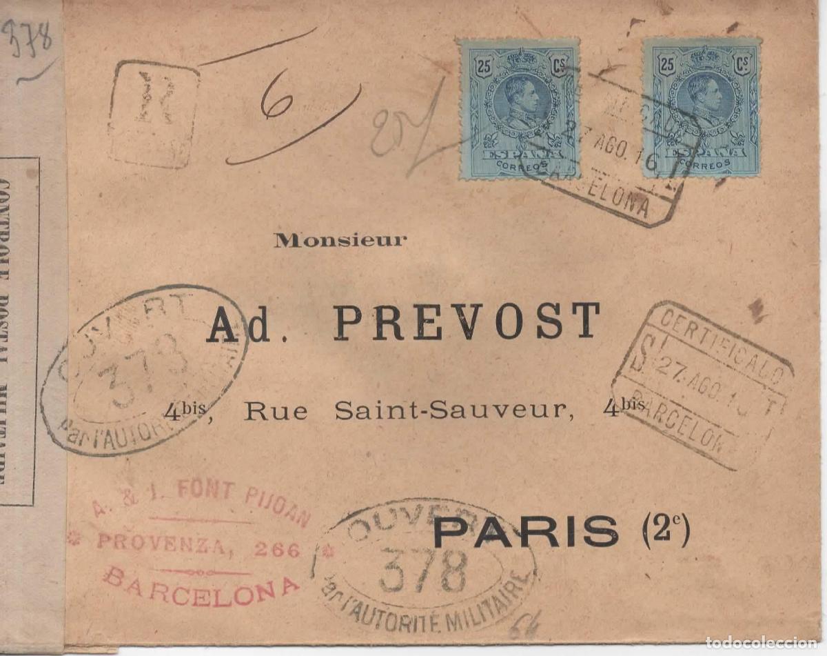 Sellos: BARCELONA A PARIS 1916 CERTIFICADA ALFONSO XIII MEDALLON CON CENSURA MILITAR FRANCESA