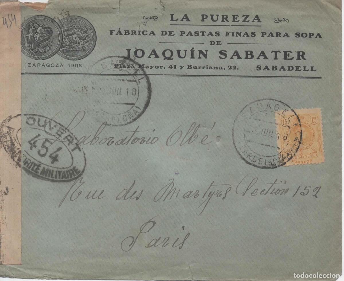 Sellos: SABADELL A PARIS 1918 ALFONSO XIII MEDALLON CON CENSURA MILITAR FRANCESA FRANQUEO INCORRECTO 15 CTS