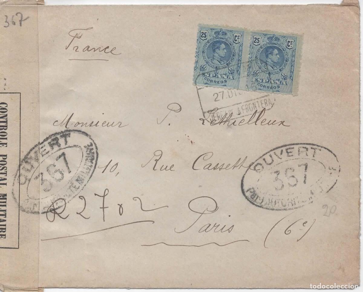 Sellos: JEREZ DE LA FRONTERA CADIZ A PARIS 1916 ALFONSO XIII MEDALLON CON CENSURA MILITAR FRANCESA