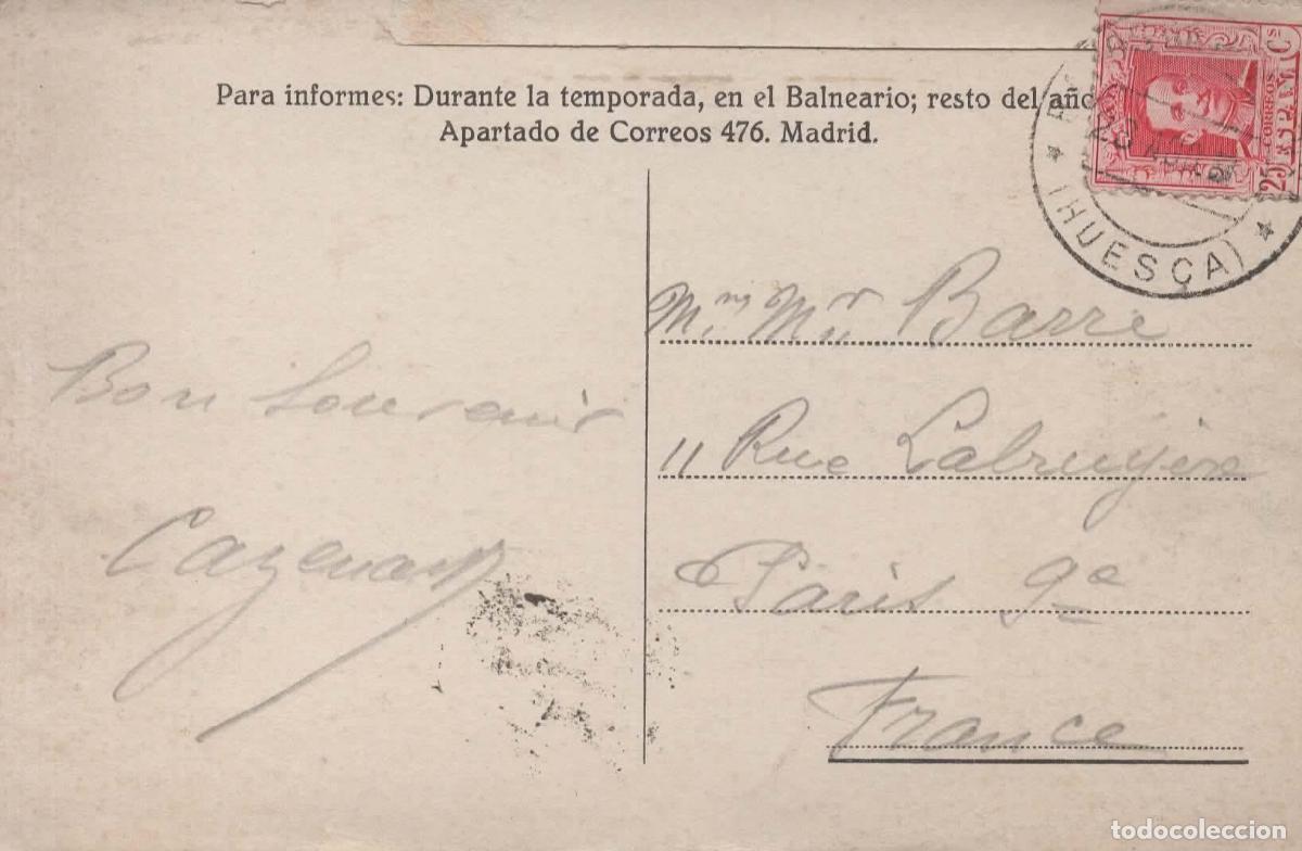 Sellos: POSTAL CON MAT BA&Ntilde;OS DE PANTICOSA HUESCA SOBRE ALFONSO XIII VAQUER
