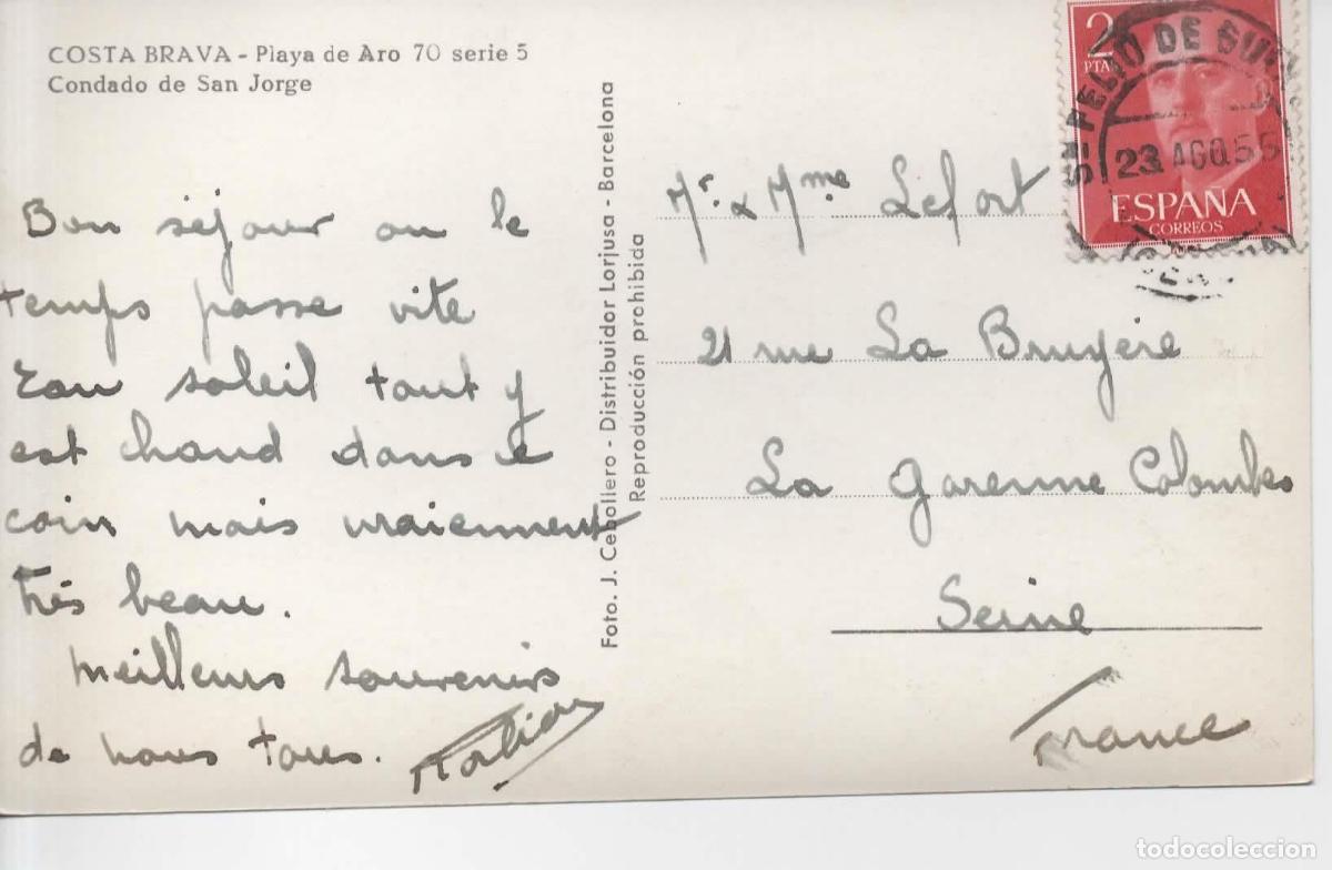 Sellos: POSTAL PLAYA DE ARO GERONA A FRANCIA CON SELLO BASICA FRANCO 2 PESETAS ROJO