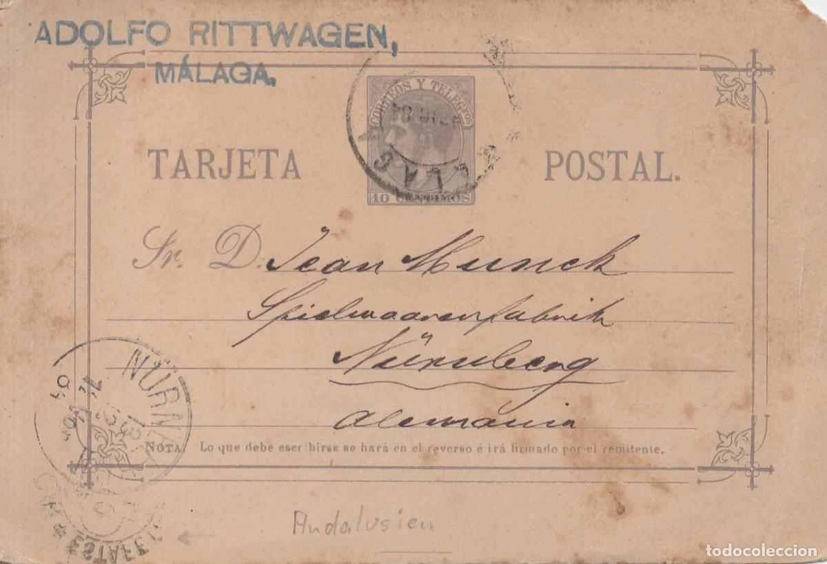 Sellos: ESPA&Ntilde;A MALAGA ENTERO POSTAL A NURNBERG 1884