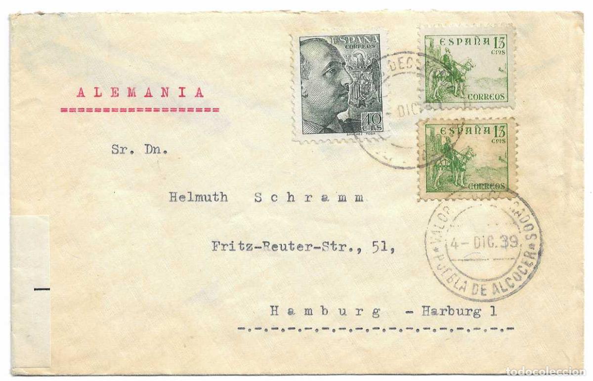 Sellos: RARO VALORES DECLARADOS PUEBLA DE ALCOCER (BADAJOZ) EN CARTA 1939 A HAMBURGO (ALEMANIA) VER REVERSO