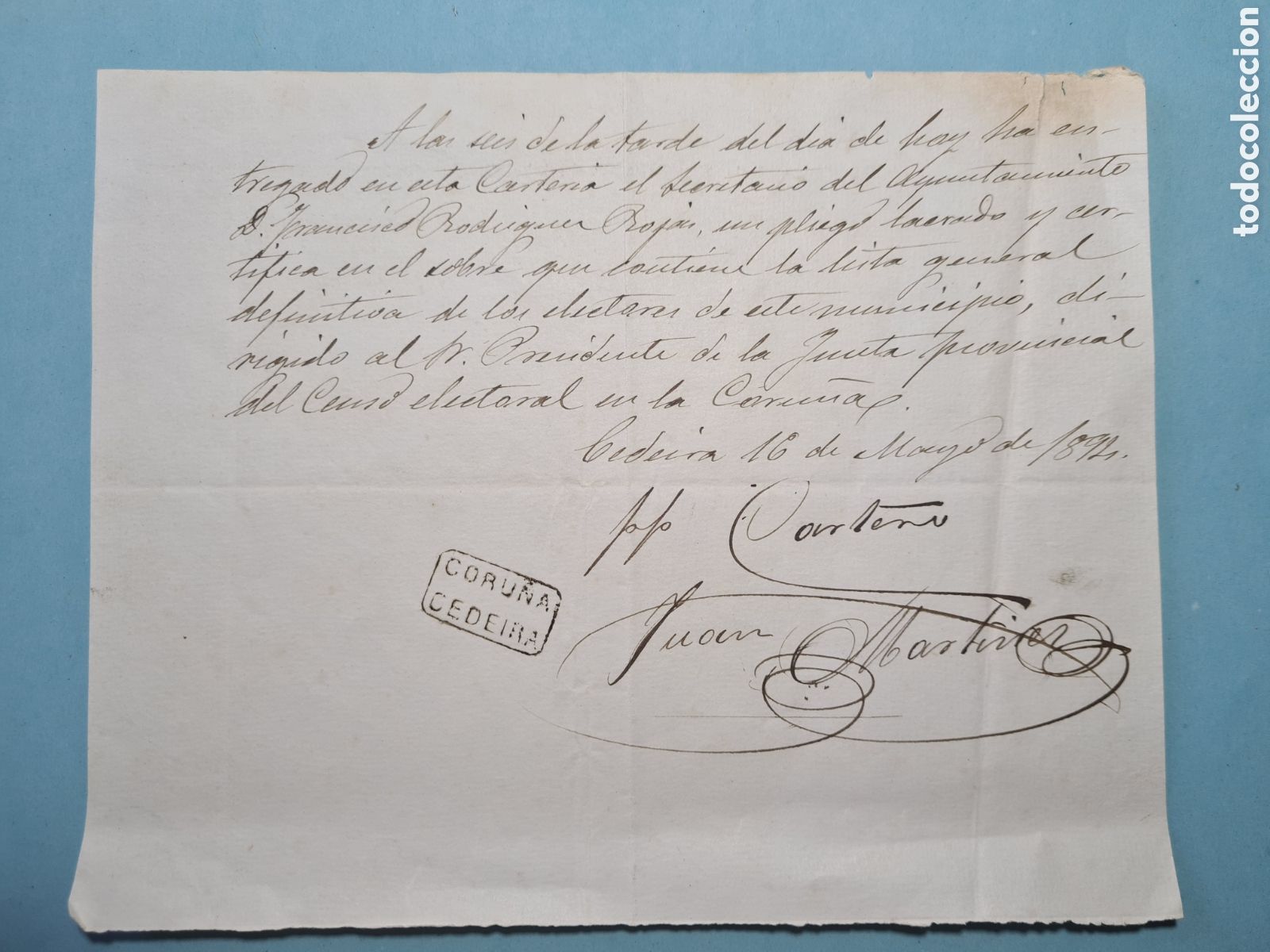 Sellos: CARTERIA CEDEIRA (CORU&Ntilde;A) - DOCUMENTO MANUSCRITO CENSO ELECTORAL 16 MAYO 1894 CON FIRMA DEL CARTERO