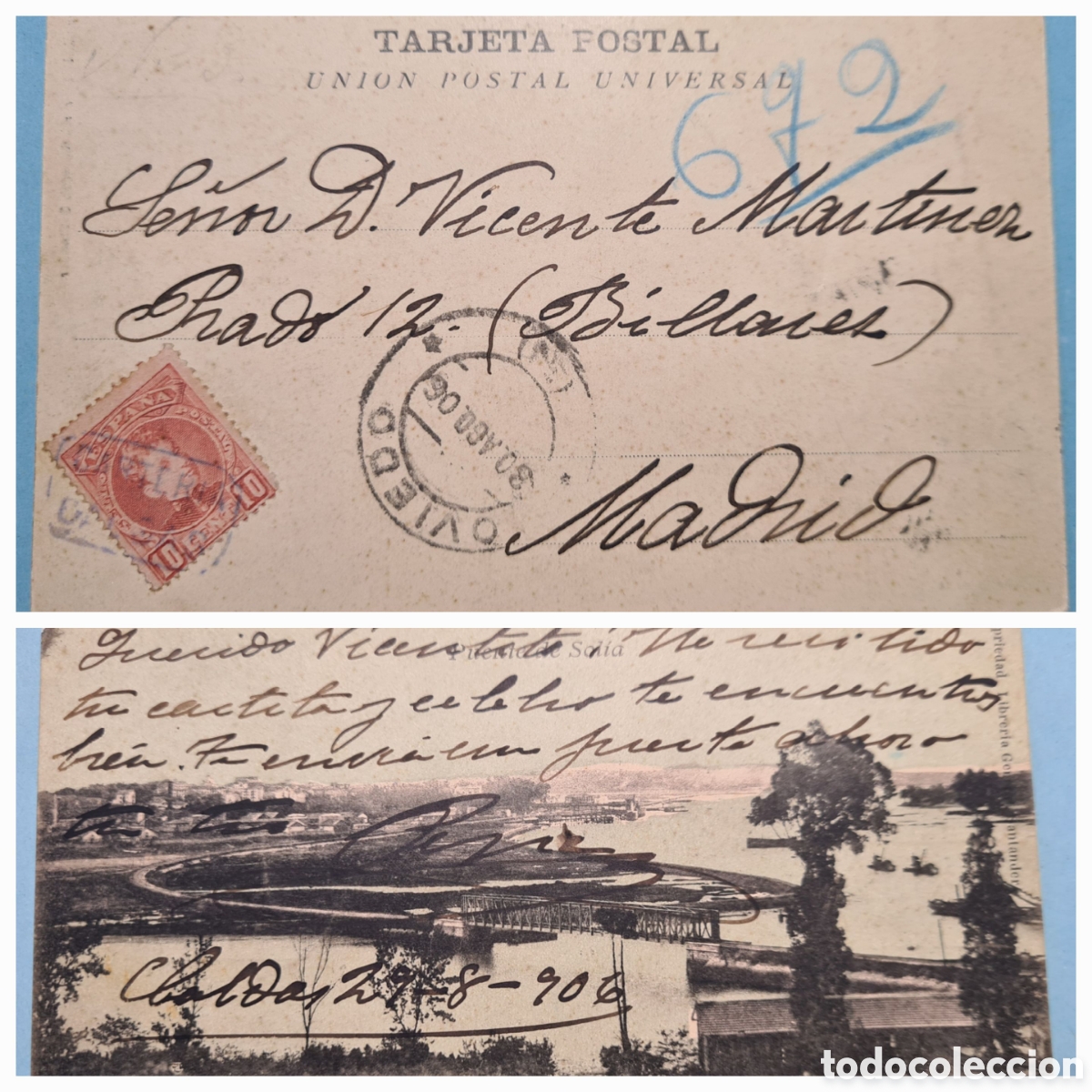 Sellos: CARTERIA CALDAS (OVIEDO, ASTURIAS) - T.P. PUENTE DE SOLIA - 10 CTS. CADETE EDIFIL 243 - A&Ntilde;O 1906