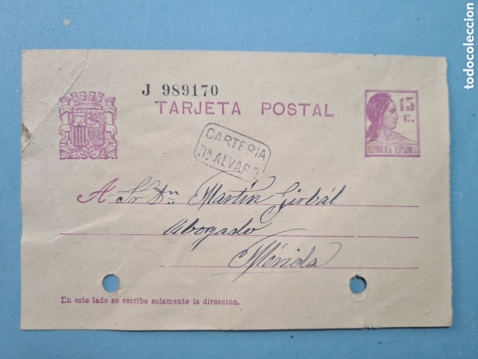 Sellos: CARTERIA DON ALVARO (BADAJOZ) -ENTERO POSTAL REPUBLICA 15 CTS. - A&Ntilde;O 1933