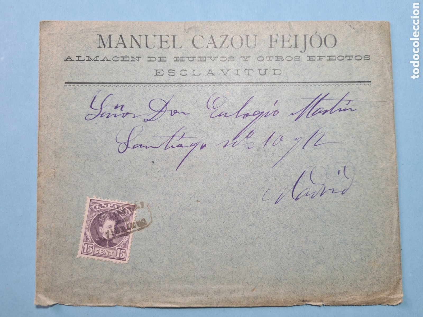 Sellos: CARTERIA ESPECIAL ESCLAVITUD (CORU&Ntilde;A) - CARTA COMPLETA ALFONSO XIII CADETE (245) 15 CTS. - A&Ntilde;O 1905