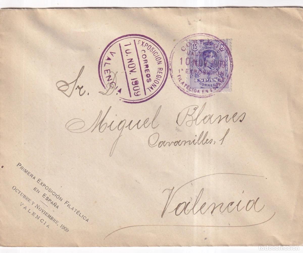 Sellos: ESPA&Ntilde;A ALFONSO XIII VALENCIA 1909 MAT EXPOSICION REGIONAL Y PRIMERA EXPOSICION FILATELICA DE ESPA&Ntilde;A