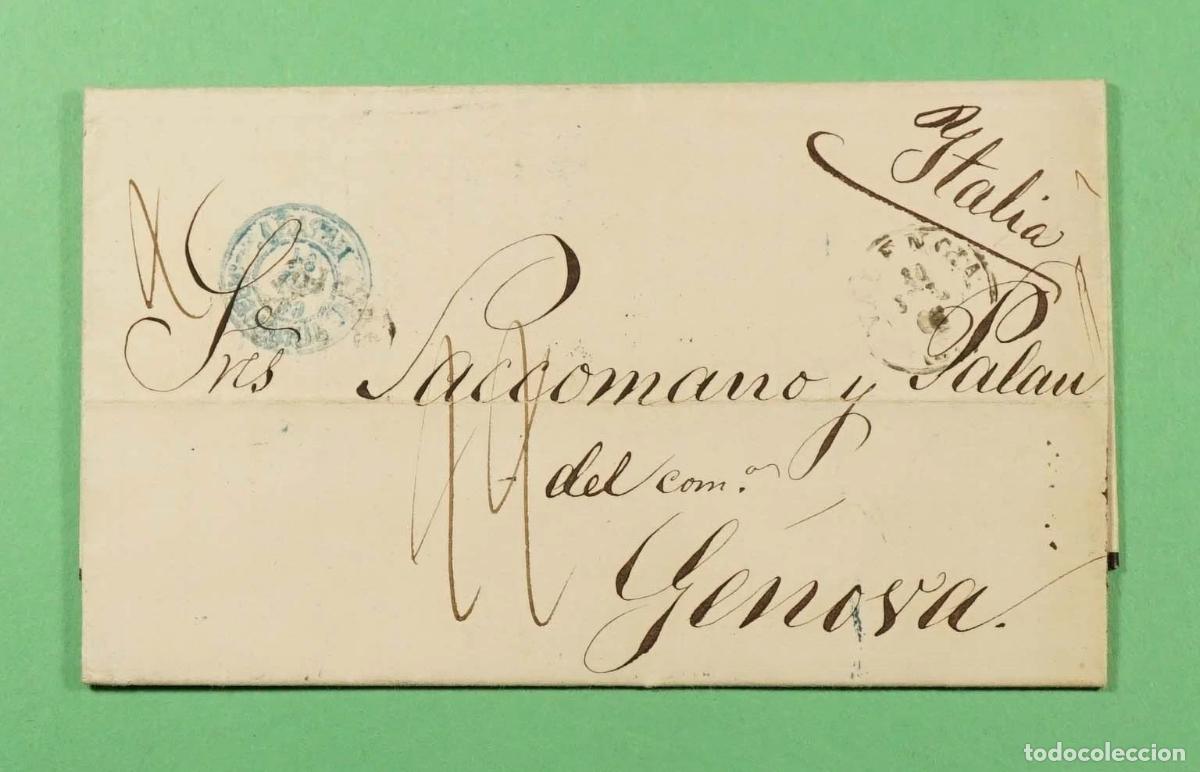 Sellos: VALENCIA A GENOVA 1866 SALIDA LA JUNQUERA MARCAS DE TRANSITO Y LLEGADA