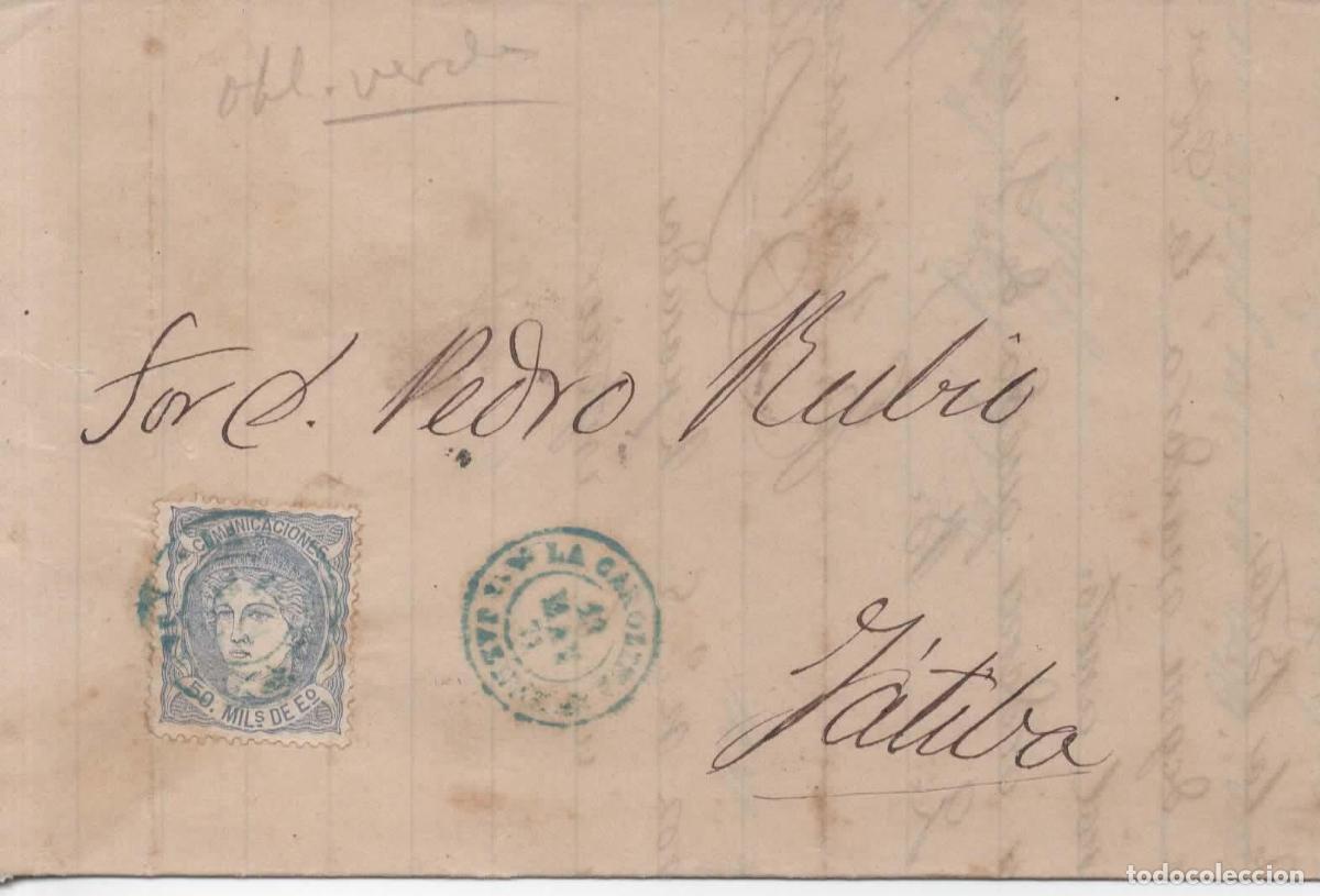 Sellos: ENVUELTA ESCRITA LA CAROLINA JAEN A JATIVA VALENCIA 1871