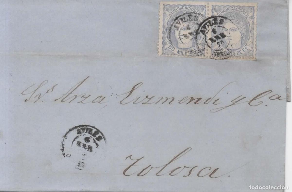 Sellos: ENVUELTA 1870 AVILES ASTURIAS A TOLOSA GUIPUZCOA DOBLE PORTE