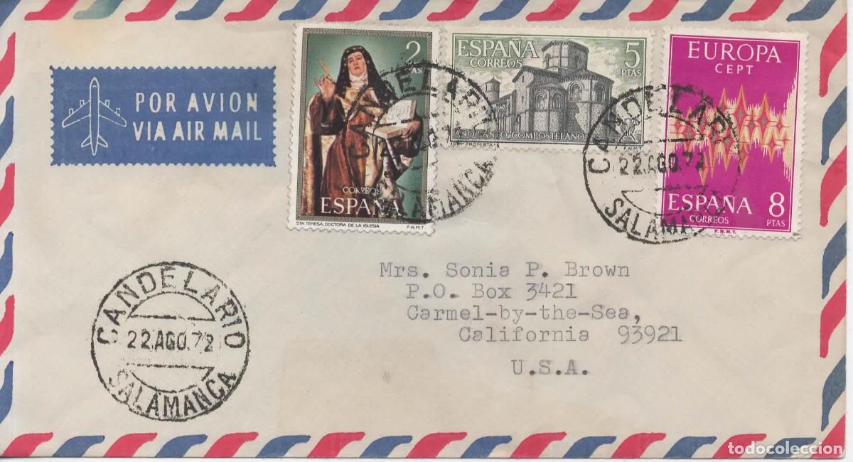 Sellos: CANDELARIO SALAMANCA A USA CC CORREO AEREO SELLO ARTE SANTA TERESA FROMISTA EUROPA