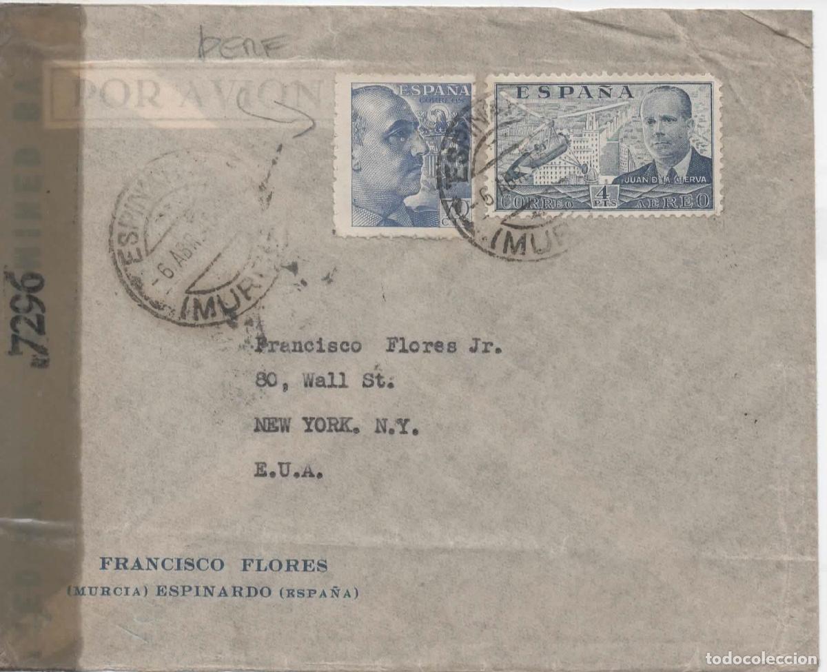 Sellos: ESPINARDO MURICA CC A USA 1945 CORREO AEREO CON CENSURA SELLO PERFORADO FRANCISCO FLORES PERFIN