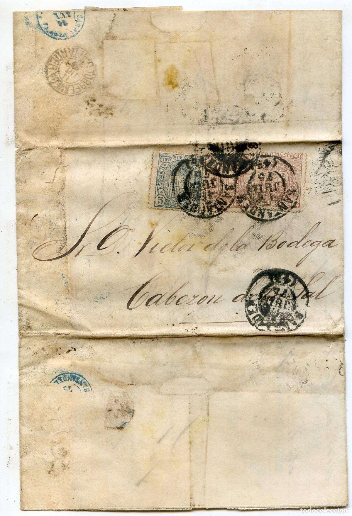 Sellos: Carta circulada de Santander a Cabez&oacute;n de la Sal, durante la tercera guerra carlista 1875